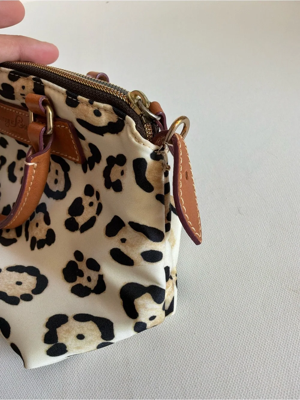 Dooney & Bourke Leopard Print Nylon Satchel Crossbody Bag Leather Trim Tan White